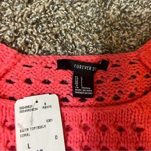 FOREVER 21 KNIT CROCHET SWEATER CORAL PINK SCOOP NECK LONG SLEEVE SIZE LARGE NWT - Picture 5 of 7